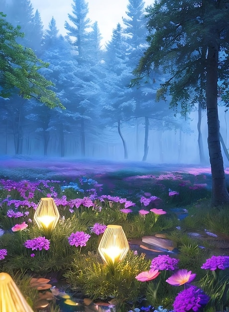 Photo beautiful forest with blue fog and flower garden