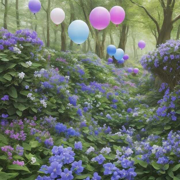 Beautiful Forest With Flowers And Balloons Blooming In Different Colors