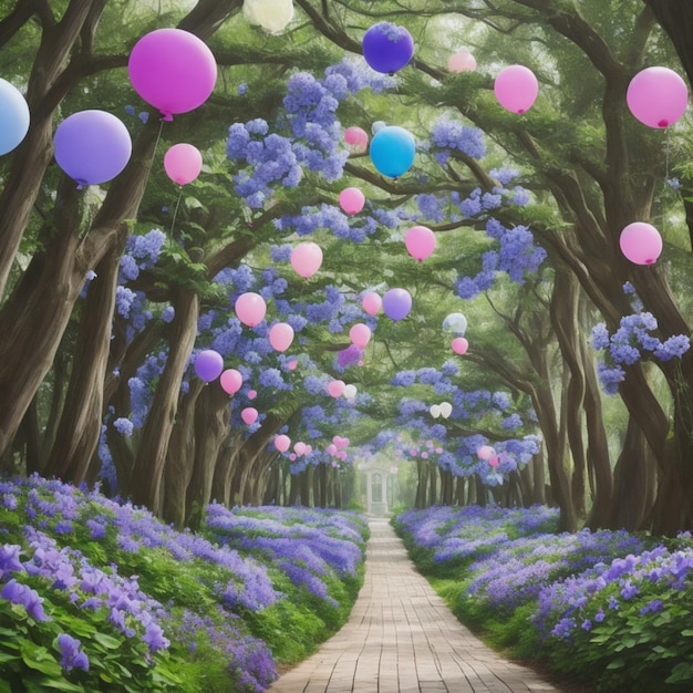 Beautiful Forest With Flowers And Balloons Blooming In Different Colors