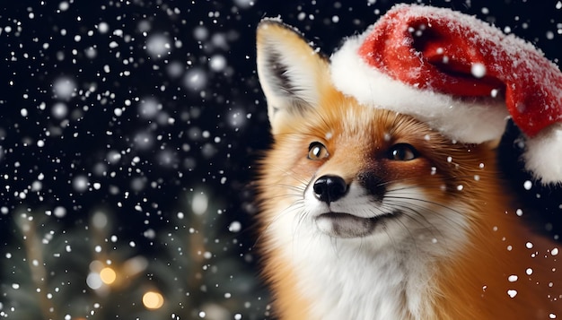 Beautiful fox at Christmas time with Santa hats and a background of snowflakes