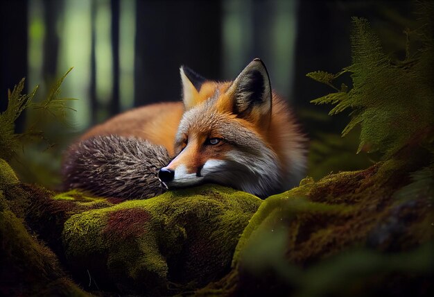 Beautiful fox sleeps in the dunes