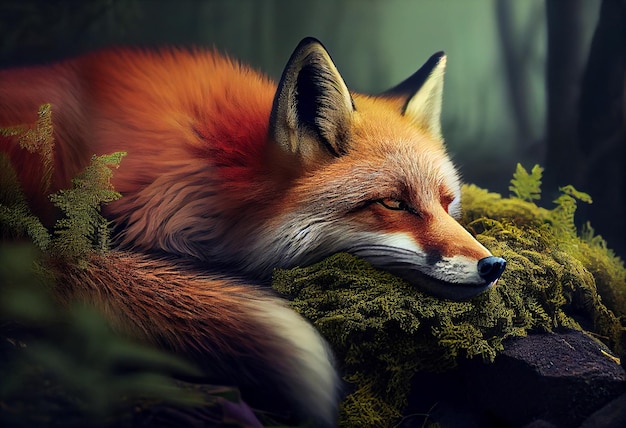 Beautiful fox sleeps in the dunes