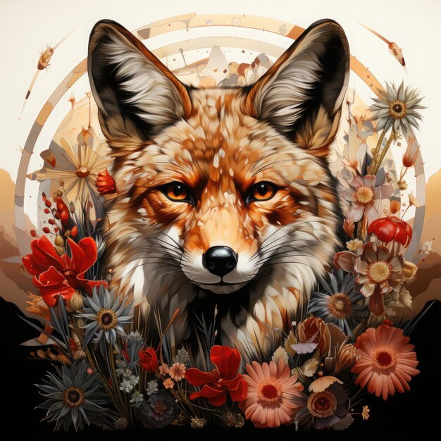 Beautiful fox with flowers in the meadow Vector illustration