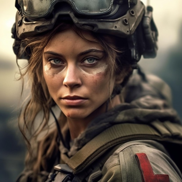 beautiful fragile blond girl with machine gun in full army uniform