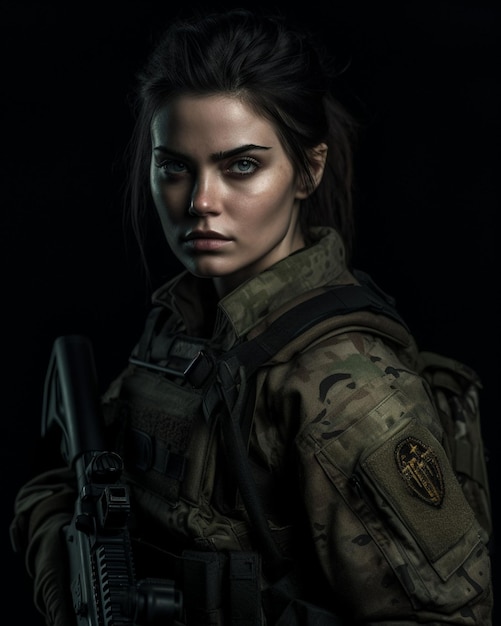 Photo beautiful fragile blond girl with machine gun in full army uniform