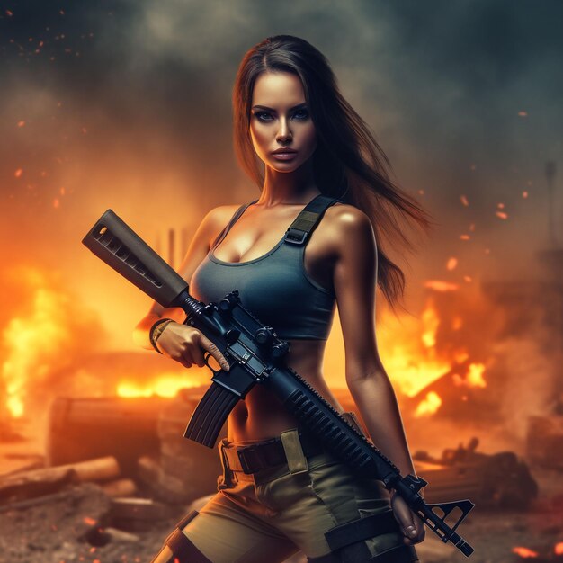 Foto bella ragazza bionda fragile con mitragliatrice in uniforme militare completa