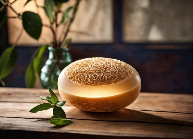 Beautiful and fragrant handmade soap on a wooden table