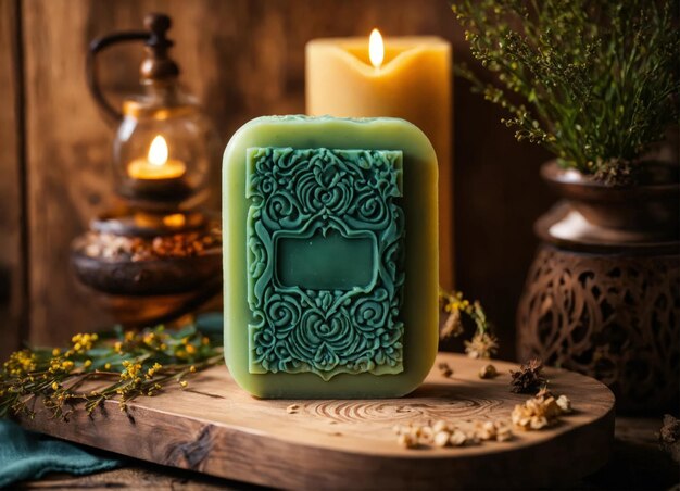 Beautiful and fragrant handmade soap on a wooden table