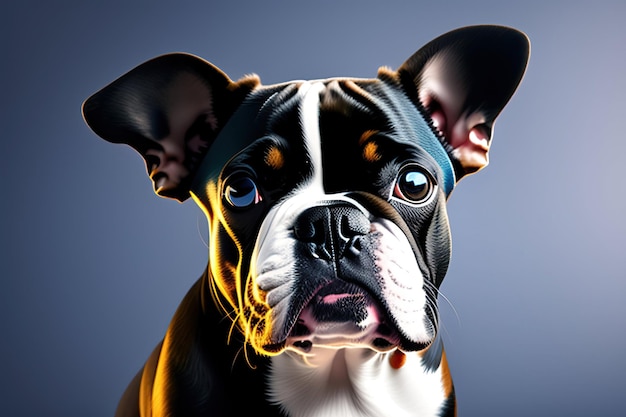 濃い青色の背景に分離されたメガネの美しいフレンチ ブルドッグかわいいビーグル犬の肖像画