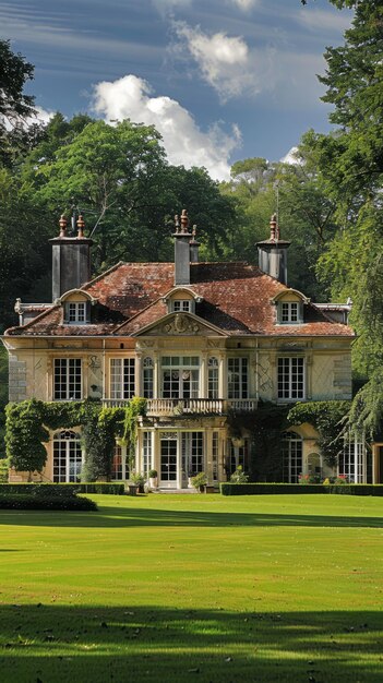 Photo a beautiful french country house with a large lawn and trees