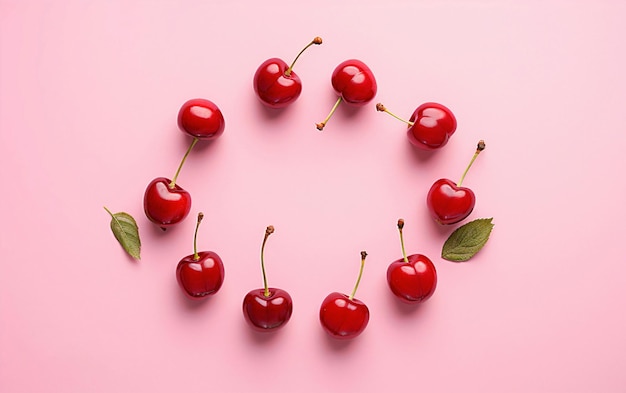 Фото Красивые свежие и вкусные вишни, расположенные в круге на розовом фоне