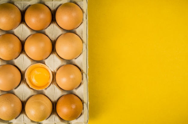 段ボールで美しい新鮮な茶色の鶏の卵