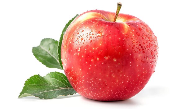 Photo a beautiful fresh crisp red apple with green leaves isolated on a white background