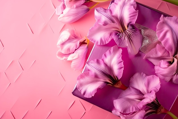 Beautiful fresh irises flowers gift boxes and ver pastel pink background Flat lay top view with copy space for text ai generative