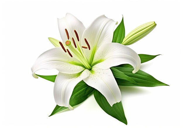 Photo beautiful fresh lily flower with green leaves isolated on white background