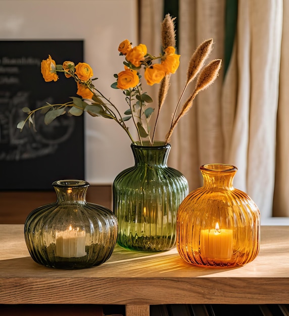 Beautiful fresh orange flowers bouquet in crystal glass vase on table in warm sunset sun lights