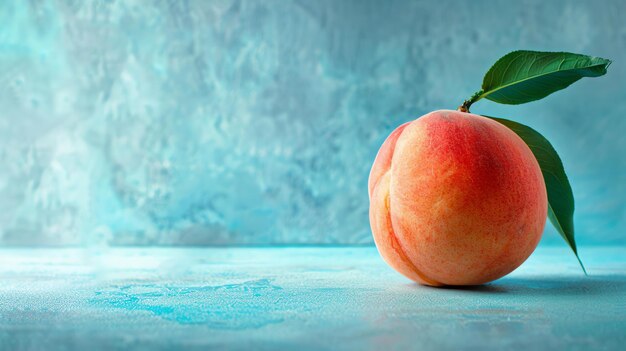 A beautiful fresh peach sits on a blue table The peach is ripe and juicy with a sweet delicious flavor