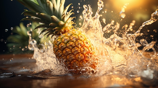 Beautiful fresh pineapple and slice fall in blue water with splashes