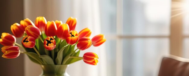 Beautiful fresh spring flowers banner red pink yellow tulips bouquet in glass vase in light contempo