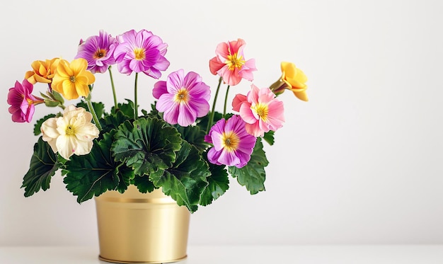 Beautiful fresh spring primula flowers in full bloom against white background Copy space for text