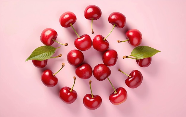 Beautiful fresh and tasty cherries arranged in a circle on a pink background