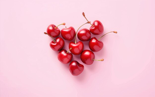 Beautiful fresh and tasty cherries arranged in the shape of heart on a pink background