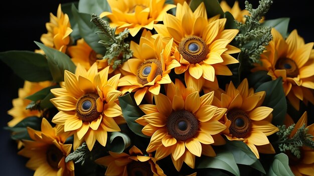 Beautiful fresh yellow sunflower with green leaves isolated on gray background