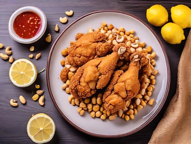Beautiful fried chicken with sauce peanuts and lemon on the table food meal dinner