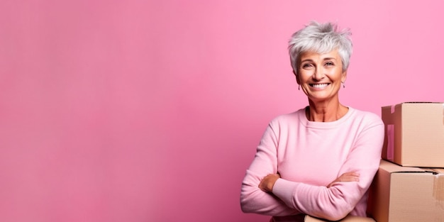 beautiful and friendly mature woman holding a moving box pink background