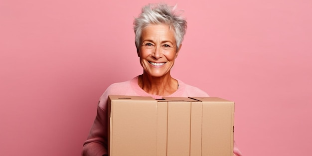 beautiful and friendly mature woman holding a moving box pink background