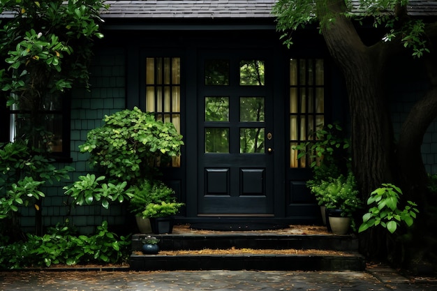 Beautiful front door of a black house with a green garden