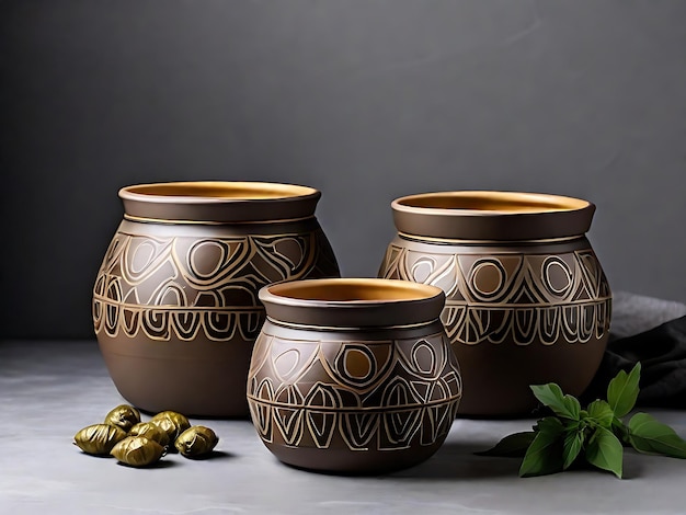 Beautiful Front view brown pots designed with dolma and yogurt on the grey floor