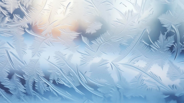 Photo beautiful frosty pattern on transparent glass with blurred background behind