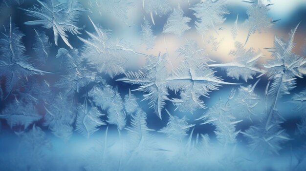 Beautiful frosty winter pattern on glass with blurred night on background behind