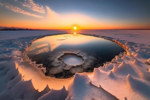 A beautiful frozen lake at sunset