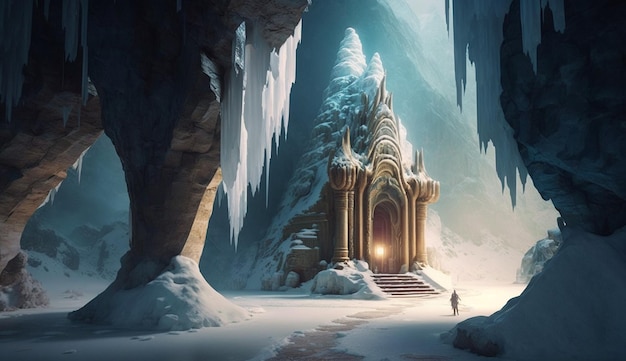 Beautiful frozen temple fantasy wallpaper image Ai generated art