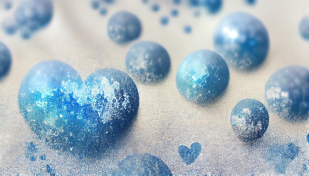 Beautiful frozen water bubbles of heart of blue color on white snowy background