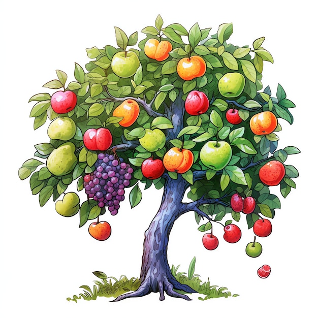 Photo beautiful fruits on a tree watercolor clipart illustration