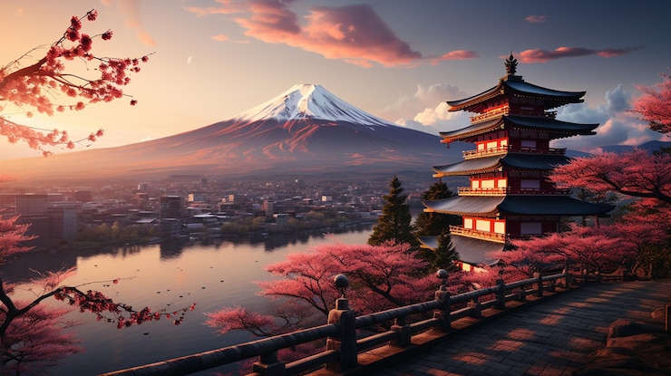 Photo beautiful fuji and cherry blossoms