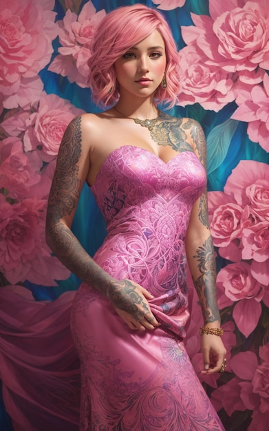 Beautiful Full Body Tattooed Woman in Pink Color