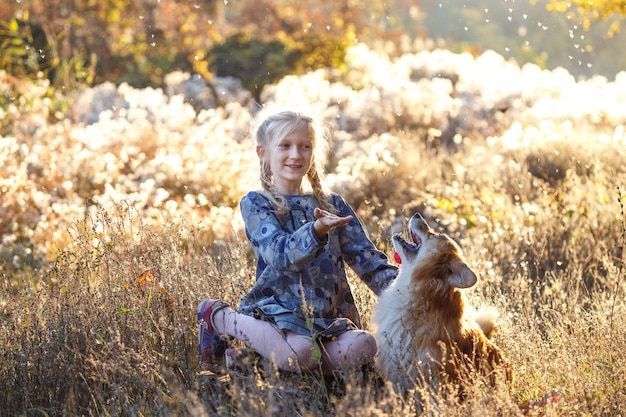 Beautiful fun blond girl and corgi fluffy  in the autumn park.