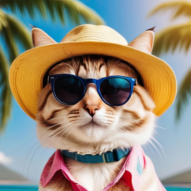 写真 帽子をかぶった美しい面白い猫旅行者