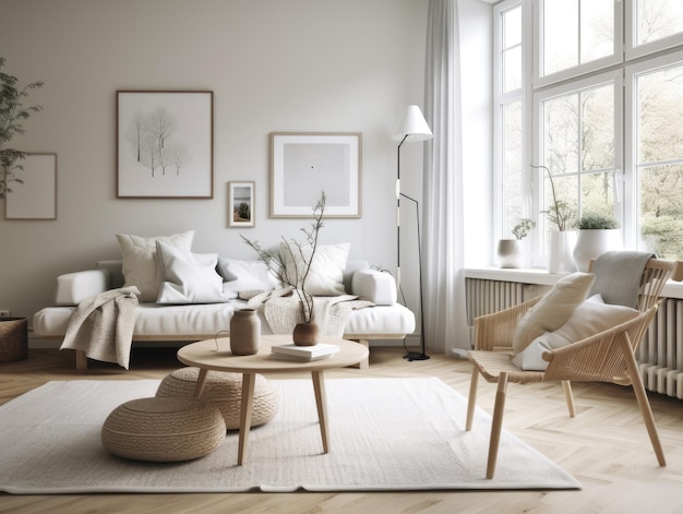 Beautiful furnished scandinavian living room interior with morning light Generative AI