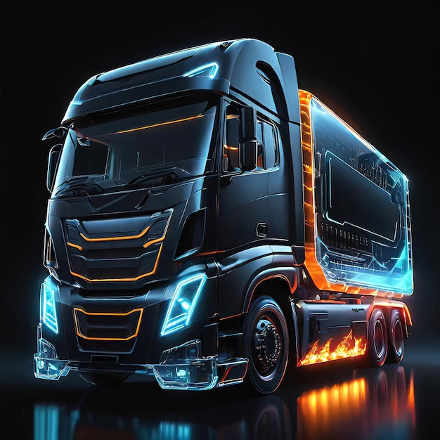 Foto bellissimo design astratto di camion futuristico con illuminazione al neon su un'illustrazione di sfondo scuro