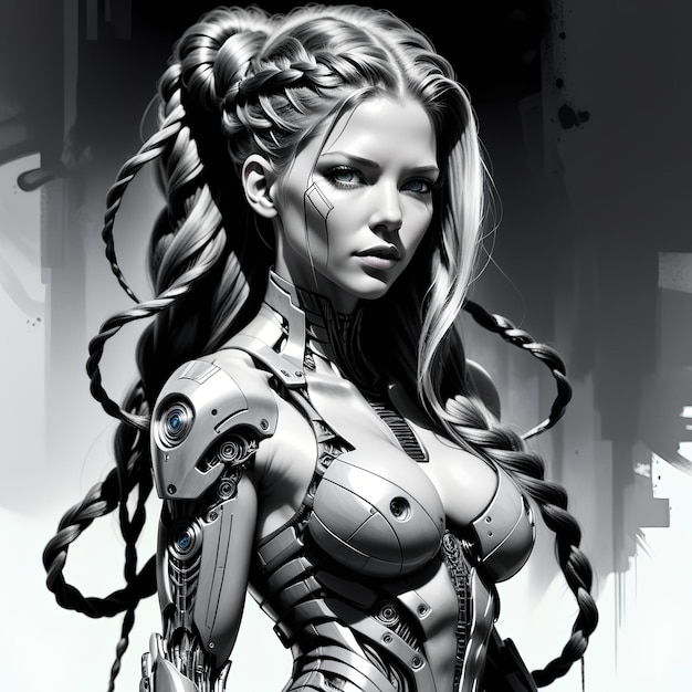 Photo beautiful futuristic cyberpunk cyborg woman with braided hair black and white charcoal painting