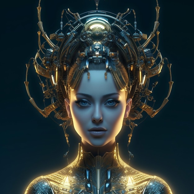 Красивая футуристическая робототехника с золотой головой, наушниками, обоями, искусством, созданным искусством.