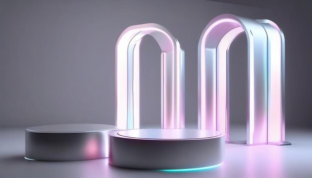 Фото Красивый футуристический технологический светлый серебряный подиум с светлыми неоновыми панелями для презентации продуктов