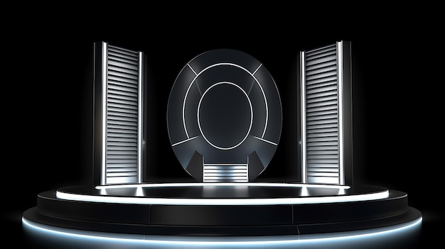Beautiful futuristic technological light silver podium with light neon panels for product presentation Ai Generative
