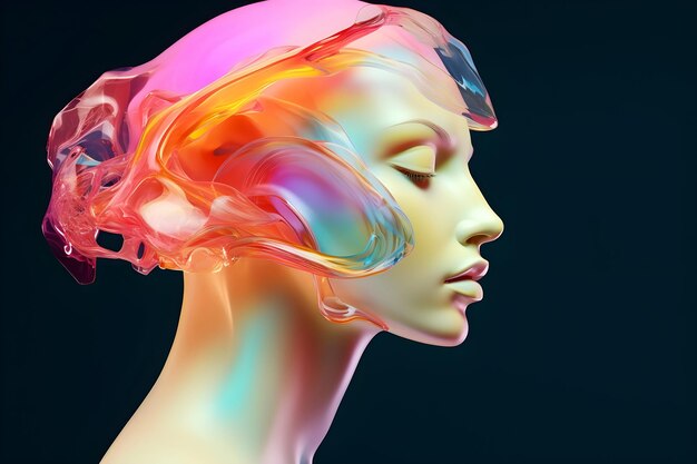 Beautiful futuristic woman decorated with colorful translucent elements