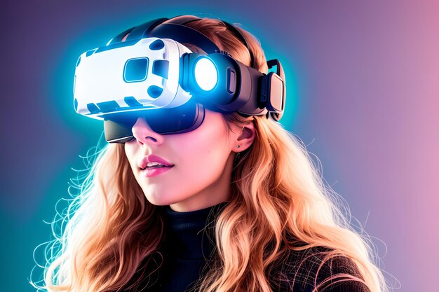 Beautiful futuristic woman using virtual reality glasses in the Metaverse Girl with VR device